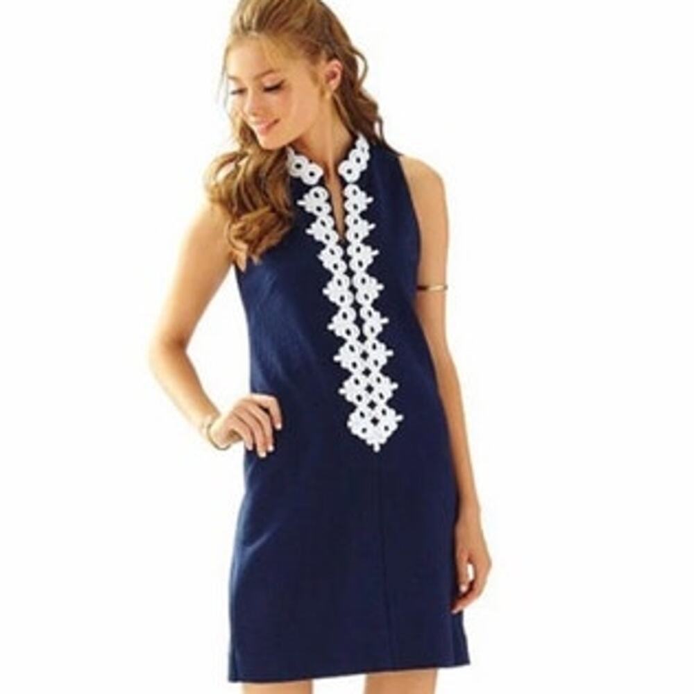 Lilly Pulitzer Navy Blue Sleeveless Midi Dress with White Floral Trim